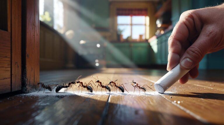 Illustration of a chalk line drawn across a doorway halting a trail of ants