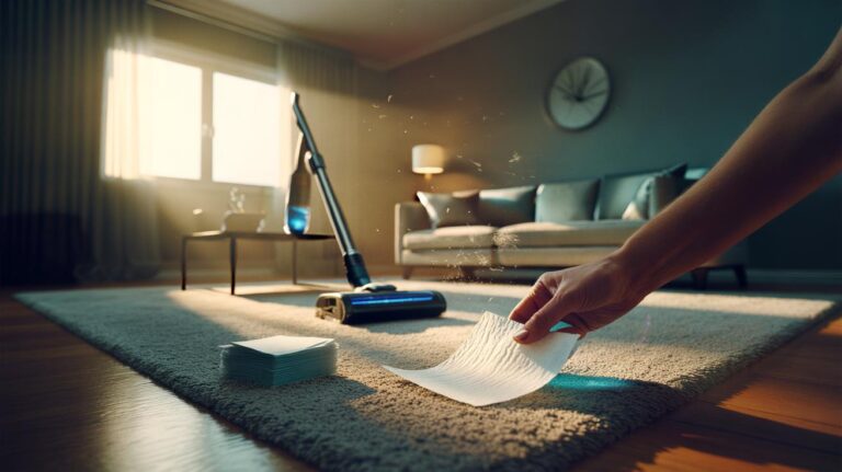 Illustration of using dryer sheets to deodorize a carpet in 10 minutes