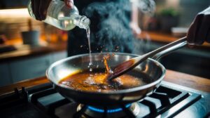 Illustration of deglazing a hot stainless-steel pan with vinegar, steam lifting browned fond into a pan sauce in under one minute