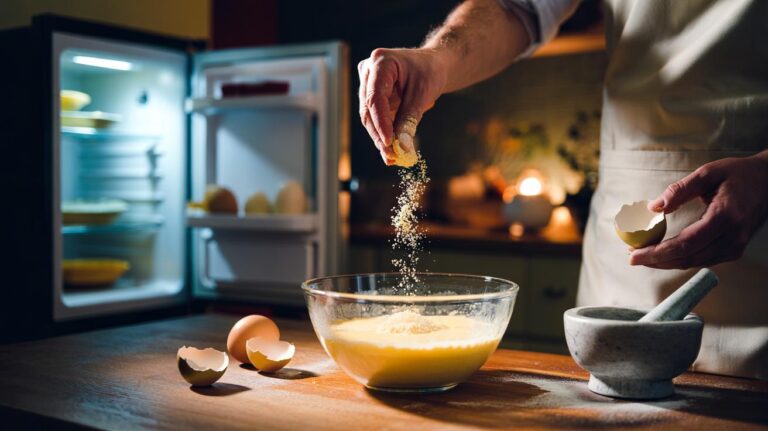 Illustration of a sterilised eggshell ground into fine powder and added to cake batter, resting overnight in the fridge for a taller, fluffier cake