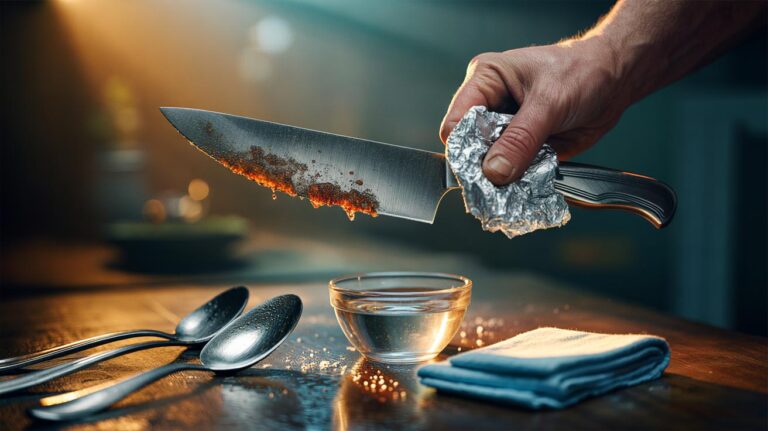 Illustration of removing rust from stainless steel cutlery with aluminium foil in three minutes
